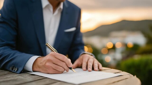 36Elegant business scene of person signing document outdoors, fountain pen gliding smoothly, sunset illuminating the paper, blurred outline of a house bathed in golden light