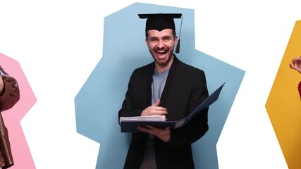 Video banner. Characters shown in shifting poses across colorful segments. Concept of creative team presentations, talent diversity highlights, recruitment storytelling, HR branding materials.