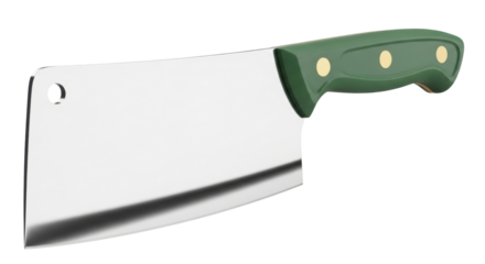 Meat cleaver PNG isolated on transparent background, heavy duty butcher knife with green handle for food preparation and cooking