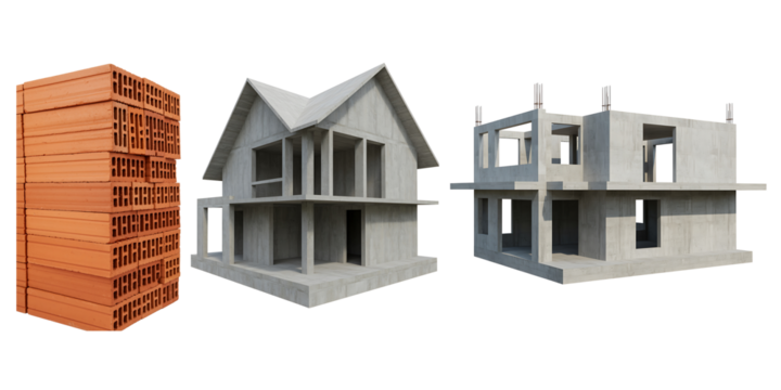 Construction materials and house models on black background