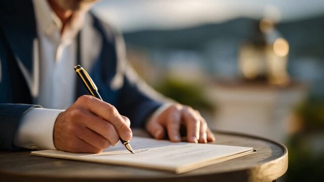 43Formal contract signing captured in cinematic lighting, hand with fountain pen in foreground, cozy home and setting sun glowing softly in the background
