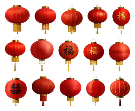 PNG Traditional red Chinese lanterns collection, element set on transparent background