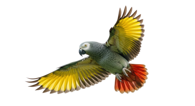 African grey parrot flying PNG isolated on transparent background, colorful bird with red tail and yellow wings, exotic pet - Powered by Adobe