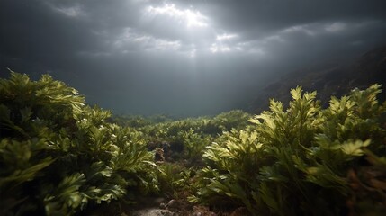 Dramatic sunbeams pierce dark stormy clouds illuminating a lush underwater kelp forest teeming with life