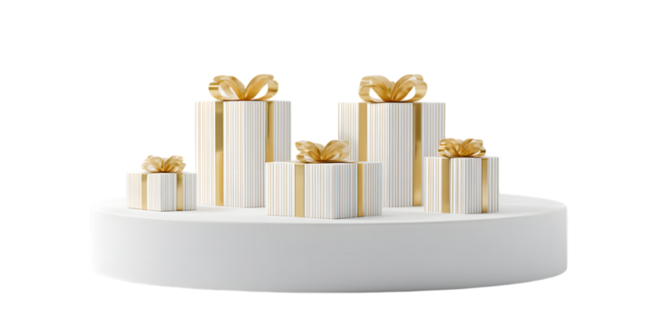 Elegant white and gold gift boxes on a pedestal, isolated on transparent background