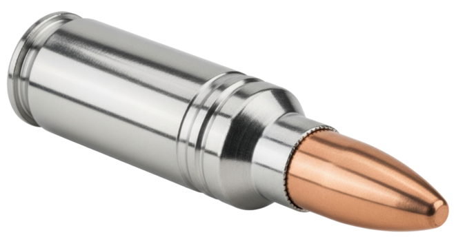 Silver and copper rifle bullet isolated PNG, ammunition for hunting and target practice on transparent background