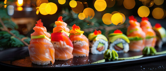 Elegant sushi rolls garnished with roe and herbs, served on a dark plate with Christmas lights and pine decor in background.