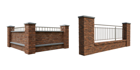 Ornate brick fence with metal railings and stone pillars