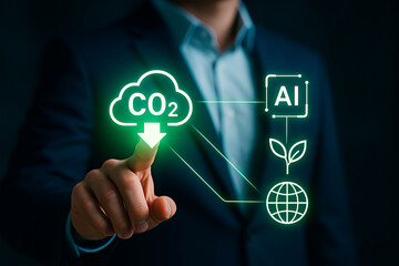 Businessperson with Carbon dioxide (CO2) symbol and AI technology for the concept of environmental conservation.