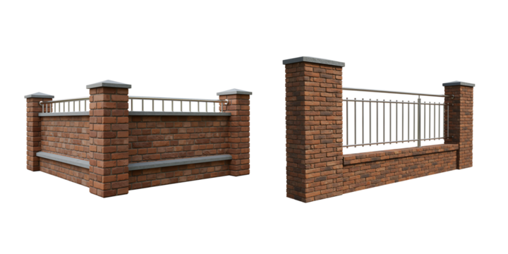 Ornate brick fence with metal railings and stone pillars