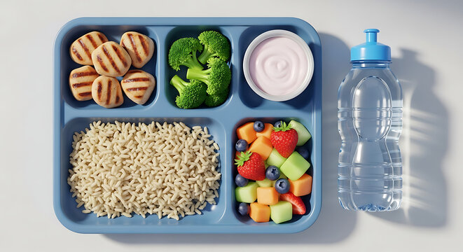 Overhead view of a nutritious and balanced school lunch tray with grilled protein, brown rice, fresh broccoli, fruit salad, and yogurt - Powered by Adobe