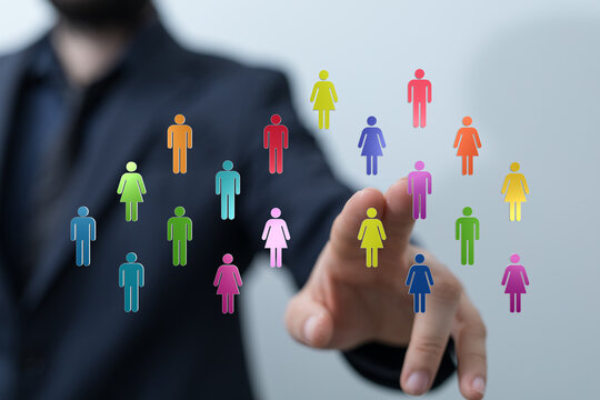 A business professional interacts with digital icons of people, symbolizing community, connectivity, and social interaction.