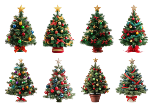 PNG Colorful festive Christmas trees, element set on transparent background