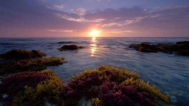 A vibrant sunset reflects golden light on the tranquil ocean surface with rocky shores adorned by colorful seaweed