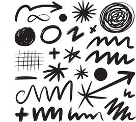 Collection of hand drawn doodle elements arrows stars circles and other shapes