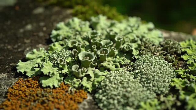 Dynamic time lapse sequence capturing subtle changes in light and shadow across a complex tapestry of colorful lichen, highlighting its slow growth. Illuminating the subtle, long term processes of?