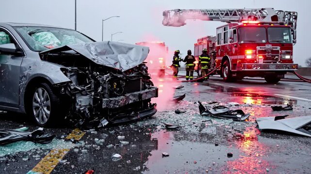Urgent car crash scene with firemen responding to the highway accident in wet conditions