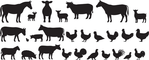 Collection of farm animals silhouettes including horse sheep pig and chicken