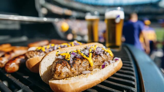 80Delicious hot dogs topped with mustard and onions beside char-grilled burgers, captured with fans clinking drinks and laughing in team gear during a pre-game tailgate