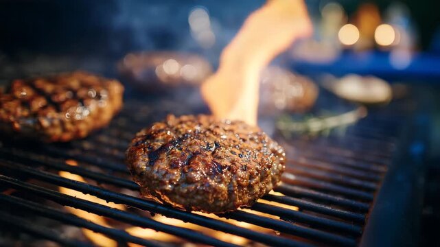 82Detailed close-up of burgers cooking on the grill, smoke rising into warm evening air as football fans in matching shirts gather around pickup trucks and music plays