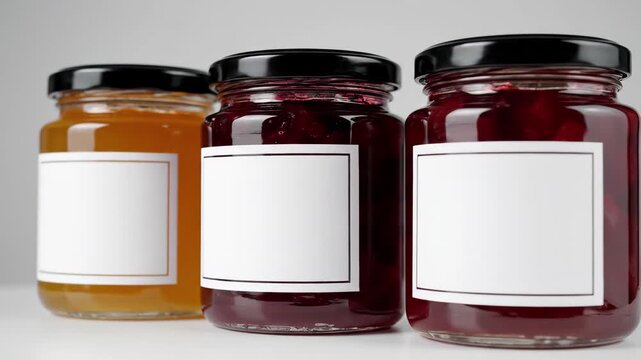 Delicious homemade jam variety with blank labels, perfect for branding and marketing