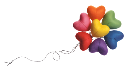 A cluster of colorful plush heart shaped toys tied together with a string isolated on transparent background