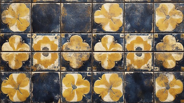 Vintage blue and yellow ceramic tiles with floral patterns creating a decorative background texture