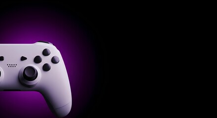 A white video game controller is shown against a black background