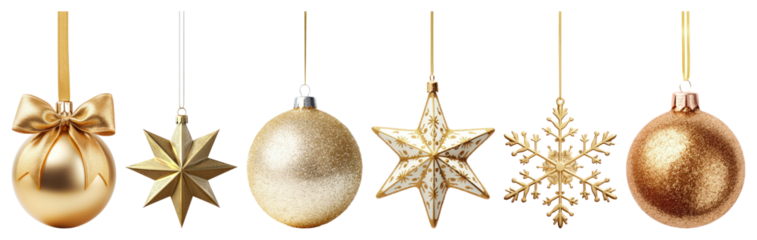PNG Elegant gold Christmas ornaments displayed, element set on transparent background