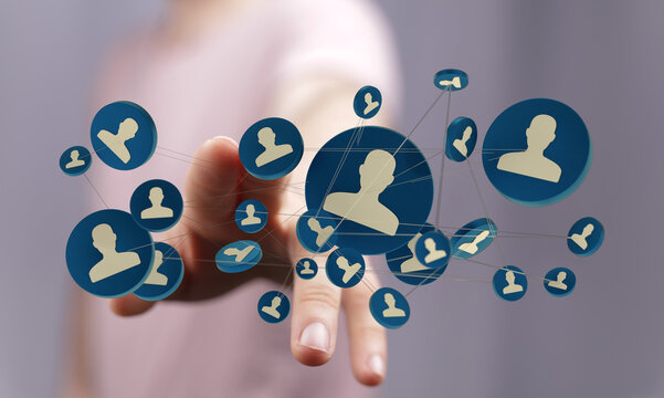 A hand interacts with 3D network icons, symbolizing social connectivity and digital communication. Focus on modern connection concepts. - Powered by Adobe