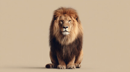 Fototapeta premium Lion sitting and facing forward on light brown background