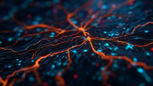 A vibrant, abstract representation of interconnected data pathways with glowing lines and dots, symbolizing technology and networks.