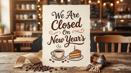 Coffee shop closed sign for New Years Day cafe holiday, closed sign, coffee shop, cafe, new years day, holiday, announcement, notice, opening hours, business, cafe interior, coffee beans, burlap, scar