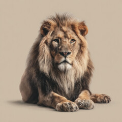 Obraz premium Lion sitting and facing forward on light brown background