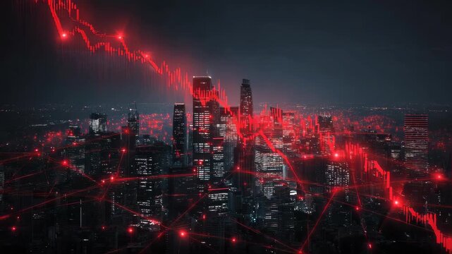 An illuminated red stock market graph plunging into a sleek and advanced urban landscape reflecting the interconnectedness of financial markets and technological innovation