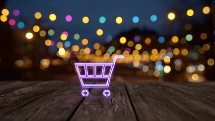 114Minimalist digital art of a neon shopping cart sign illuminating a rustic wooden table, out-of-focus colored lights forming a soft halo in the backdrop - Powered by Adobe