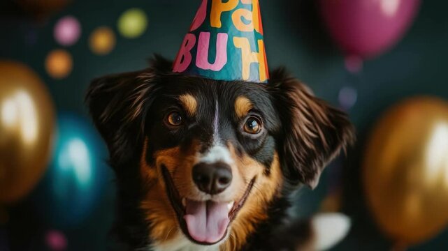 Happy dog celebrating birthday with party hat and colorful balloons