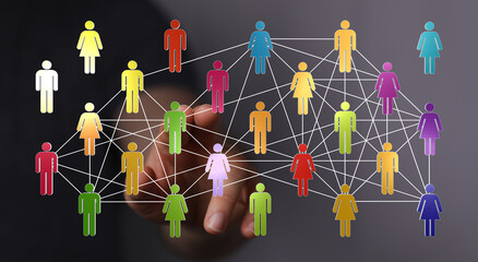 Abstract image of colorful connected people, a concept of community, teamwork, and the internet representing global networks and busi