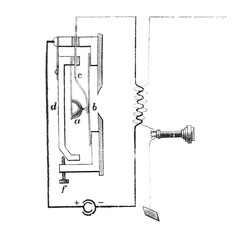 A detailed antique blueprint of the Black carbon microphone, showcasing its intricate mechanical design from the late 19th century, old vintage illustration, 1899