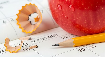 Close-up of a calendar page with an apple, pencil, and shavings, suggesting a back-to-school theme.
