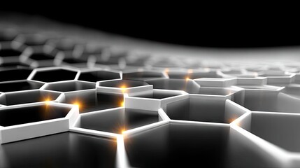 A close-up, abstract view of a 3D hexagonal grid structure with glowing orange lights at the intersections, set against a dark, blurred background.