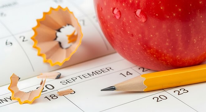 Close-up of a calendar page with an apple, pencil, and shavings, suggesting a back-to-school theme. - Powered by Adobe