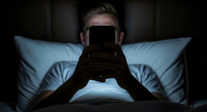 Man using phone in bed at night causing insomnia and affecting sleep hygiene and health issues