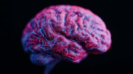 A vivid representation of a brain, illuminated with colorful patterns, emphasizing its intricate structure against a dark background.