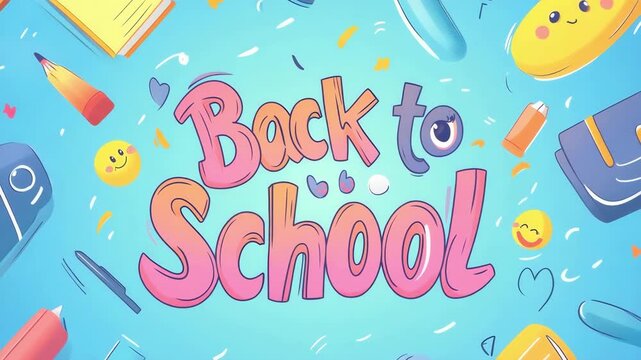 Colorful back to school design with supplies and emojis on blue background. Back to School, School Season, First Day of School - Education Supplies, Academic Year Beginning