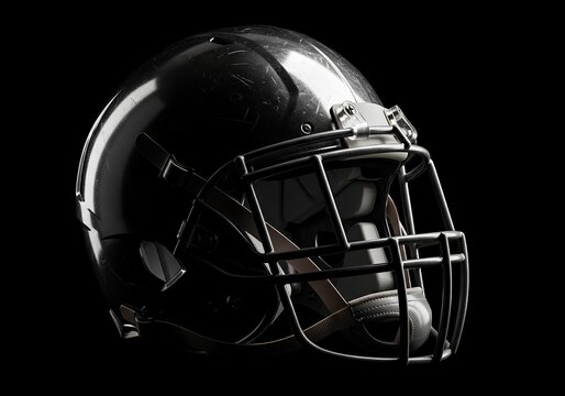 A black American football helmet with a high-gloss finish and visible metallic facemask.