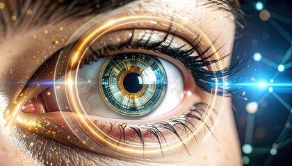 A close-up of an eye with a digital look, featuring vibrant colors and intricate details, symbolizing technology and perception.