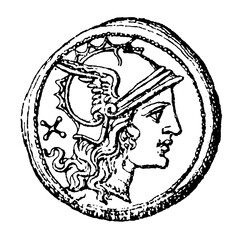 Roman denarius with head of Roma, old vintage illustration, 1899