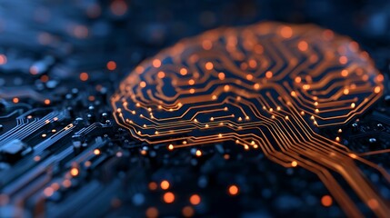 An intricate representation of a brain made from circuit board patterns, glowing with orange and blue light against a dark background.