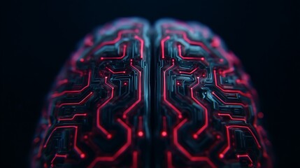 A close-up view of a digital brain design featuring intricate circuitry and glowing red accents, symbolizing the fusion of technology and intelligence.